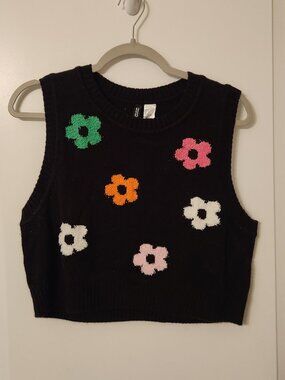 Divided Black Sweater Vest with Multicolor Flowers size Large